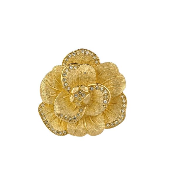 Vintage Christian Dior Flower Gold-Tone Rhinestone Brooch/Pin 1.52"x1.56" - Picture 1 of 4